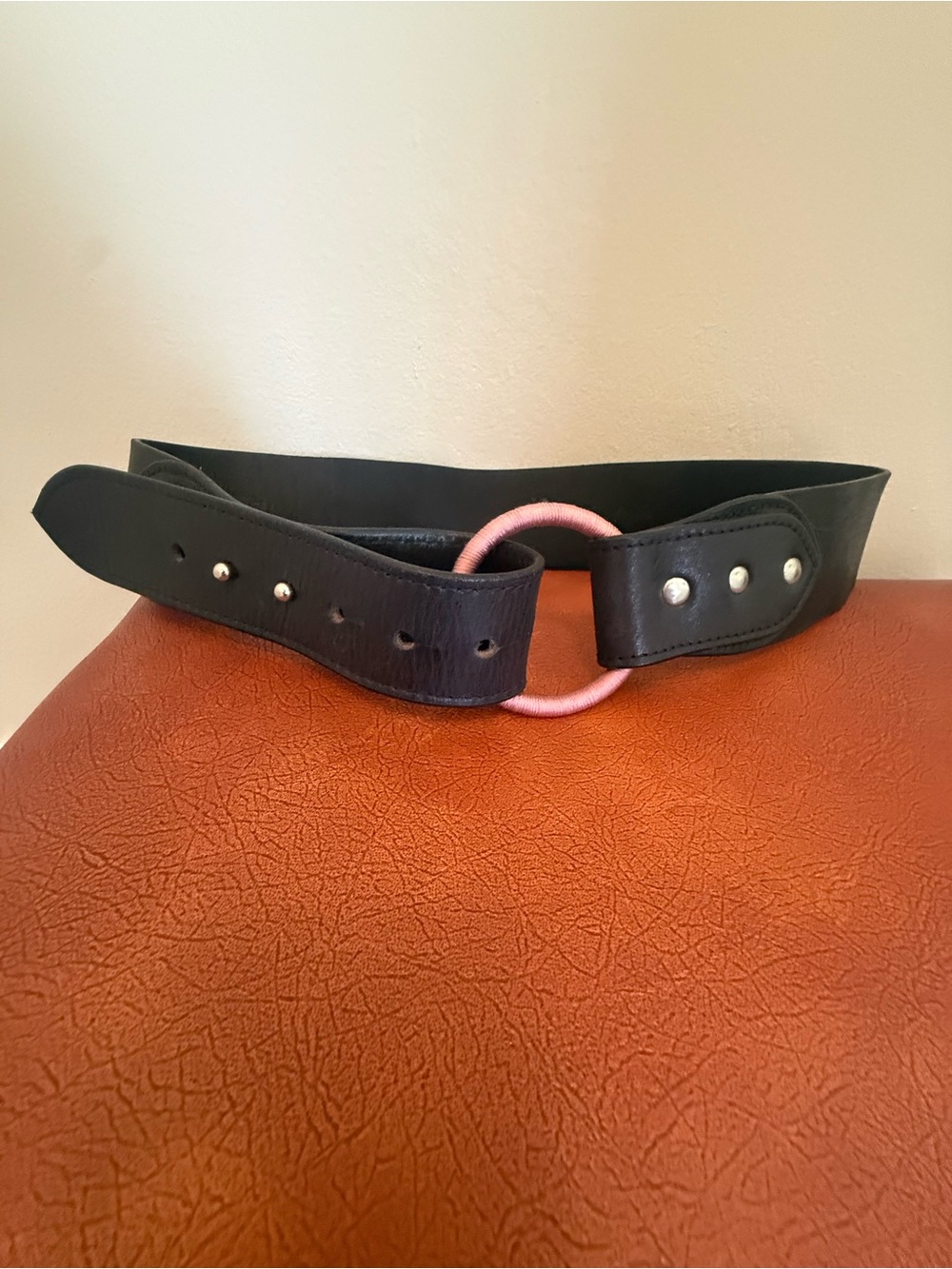 Free People Black Leather Belt with Pink Ring